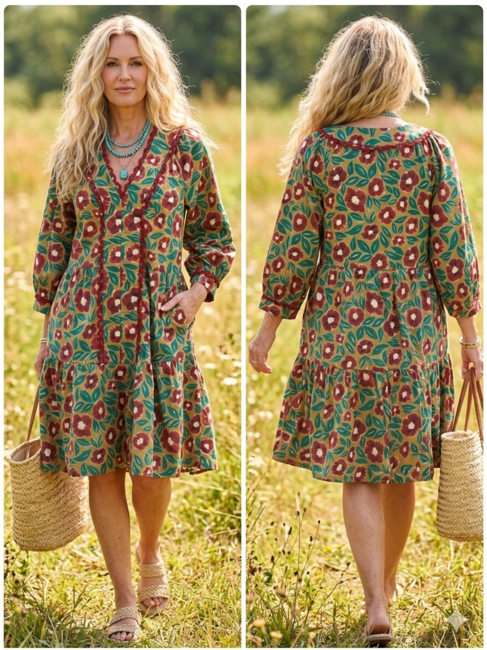 entro Green & Rust Floral V-Neck Tiered Midi Dress